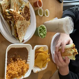 Chicken quesadilla, carne asada loaded burrito with a side of chips, rice &amp; beans. 10/10 recommend! Tasty, filling &amp; authentic.