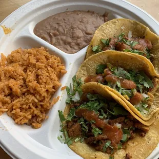 3 Tacos (Asada, Chick&apos;n, &amp; Carnitas) w/ Rice &amp; Beans