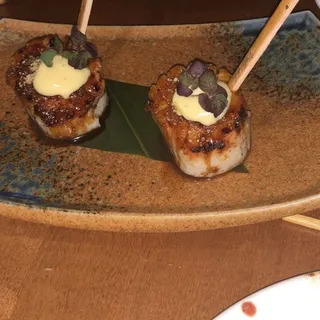 Grilled Diver Sea Scallops, Yuzu Aioli, Crushed Wasabi Peas**