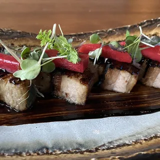 Robata Grilled Pork Belly, Pickled Radish, Black Garlic Miso**