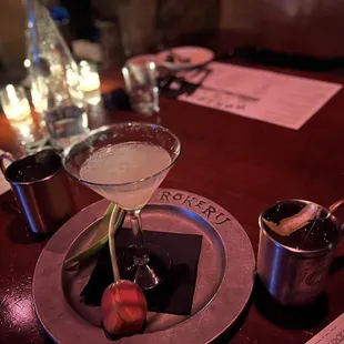 a plate of food and a drink on a table