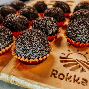 a tray of chocolate cupcakes