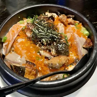 Deluxe meshi had salmon, unagi, and a perfectly poached egg to bring it all together
