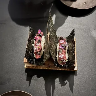 Wagyu hand rolls with egg yolk, truffle
