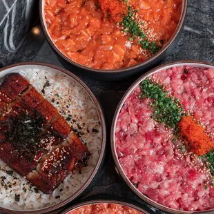Donburi. Salmon Don, Spicy Salmon Don, Toro Don, Unagi Don