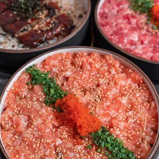 Donburi. Salmon Don, Unagi Don, Toro Don.