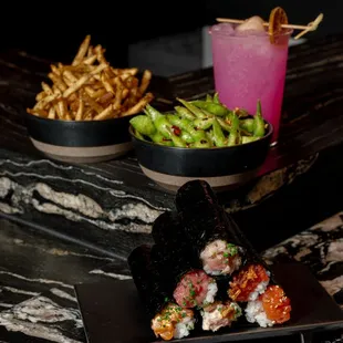 6 Roll Set. Furikake Fries. Chili Garlic Edamame. Dragonfruit Lychee Lemonade.