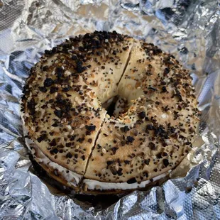 Everything bagel, toasted, with plain cream cheese
