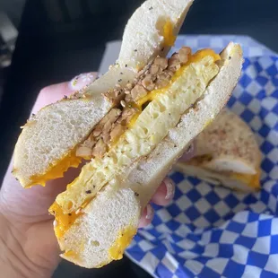 Vegan Just egg and cheese breakfast sandwich with tempeh bacon
