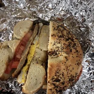Turkey sausage, egg. Tomato on everything bagel