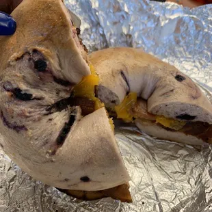Blueberry bagel with bacon and cheese, NO EGG