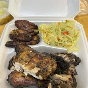 Jerk chicken (dark) meal, cabbage and plantains