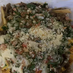 Carne asada fries with enchilada sauce