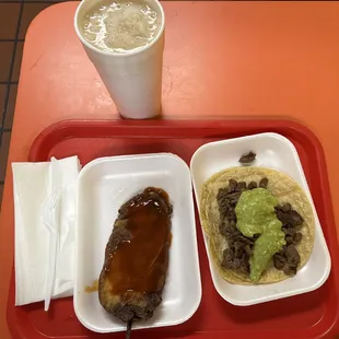 Chile rellenos, burnt Carne asada burrito and horchata