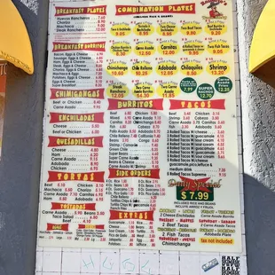 a menu on a wall