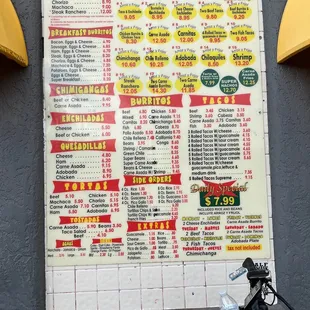 a menu on a wall