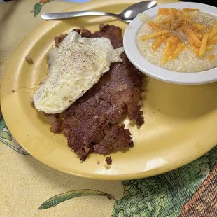 Corned Beef Hash, Eggs &amp; Grits