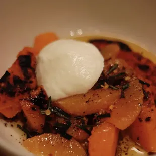 Butterkin squash, cara cara, hazelnut, brown butter, smoked yogurt 18 (spicy, sweet, tangy...so unique!!!)