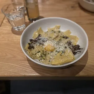 Maltagliati, maitake, Egg yolk, Parmesan