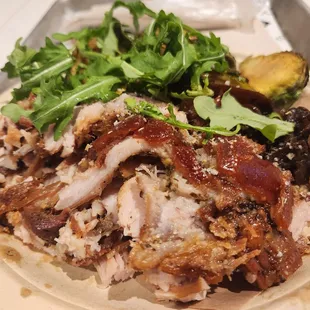 Porchetta and brussels combo plate w lots of crispy skin