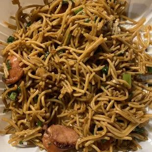 Sausage with garlic noodles. I prefer the longer, thicker noodles typically used in garlic noodle dishes