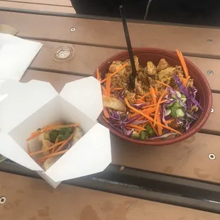 Kimchi chicken fried rice and pork potstickers.