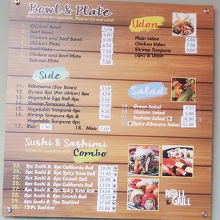 Bowls/Plates, sides, Sushi and Sashimi Combos,  Udon, Salads