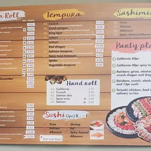 Fresh Rolls, Baked Rolls, Tempura Rolls, Sushi, Sashimi. Hand Rolls, Party Platters