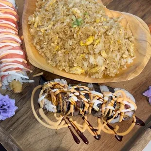 Chicken Fried Rice,  Spicy Sooner Roll, Baby Raffy Roll.