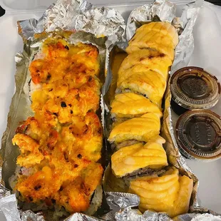 Baked Lobster Roll (left); Baked Salmon Roll (right)--both delish!!
