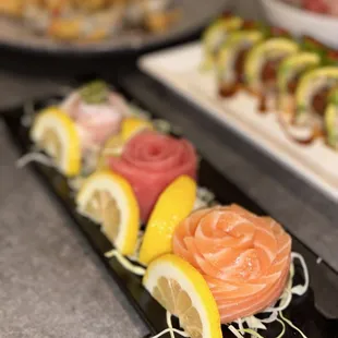 Sashimi Combo Dinner comes with salmon, tuna, and yellowtail