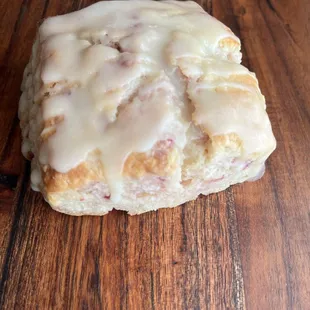 White chocolate glazed lemon raspberry biscuit
