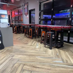 tables and stools in a restaurant