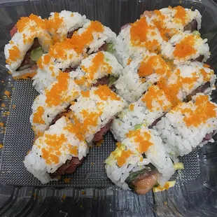 #2 and #15 spicy tuna rolls and salmon,tuna and shrimp rolls