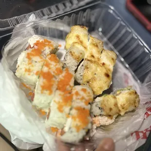 Roll 7 &amp; Roll 9: Crab Mix, Salmon, Avocado, Special Sauce, Baked