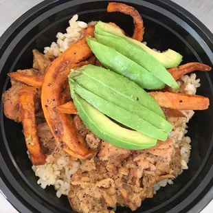 Rice bowl with chicken, avocado, and sweet potatoes