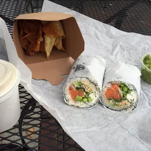 Fresh salmon burrito Won-ton chips + wasabi guacamole Vanilla Smooth Cincy nitro coffee