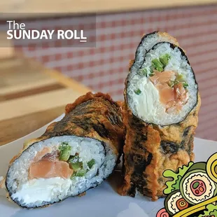Salmon, jalapeño, and cream cheese roll dipped in tempura batter and fried. Our most popular hot roll!