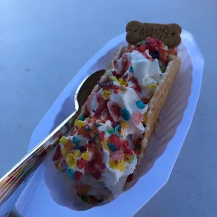 Fruity pebbles waffle taco cone.