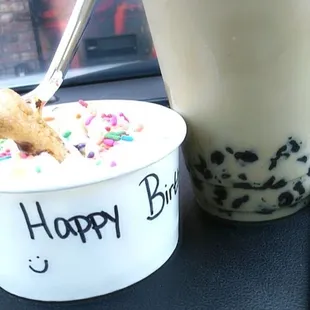 My mom mentioned it was my birthday so the worker left a note on my cup! (Birthday cake rolled ice cream, no whip. Brown sugar boba tea)