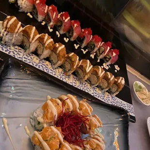 a variety of sushi and rolls