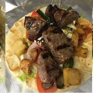 a variety of tacoss and condiments