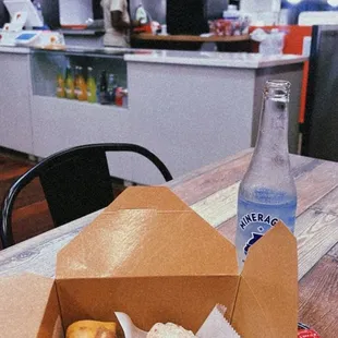 Sparkling water / chicken Philly with boom boom sauce &amp; apple pie roll. CHEFS KISS!!