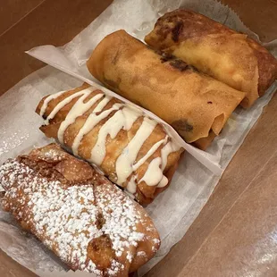 From left to right: Peach Cobbler, Blueberry cheesecake, chicken Philly steak and Philly steak (beef)