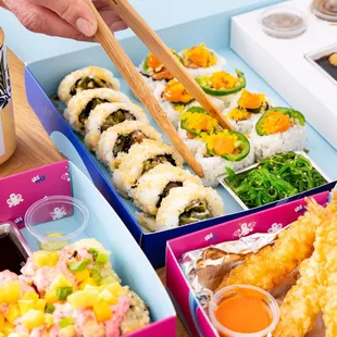 Tickled Pink (bottom left), Sunny in Peru (top left), Seoulful Kick (top right) Tempura Shrimp Side (bottom left)