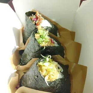 Two curry chicken onigiri and one eel onigiri