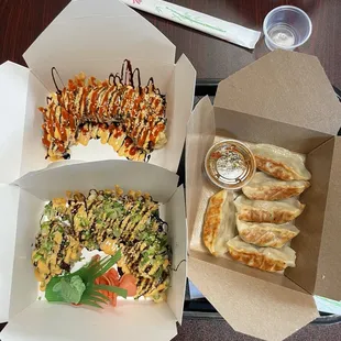 Top: Fire Cracker Roll Bottom: Vegas Roll Gyoza on the right