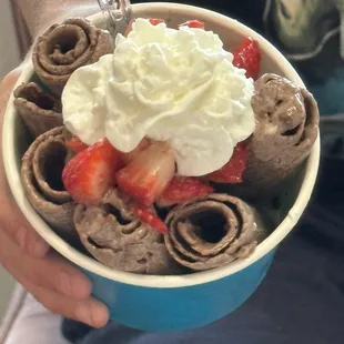Chocolate w/reeces, strawberries and whipped cream