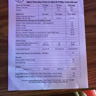 Printed menu of Rollie's