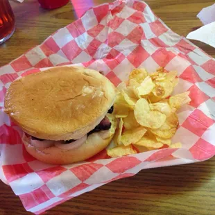 a hamburger and chips